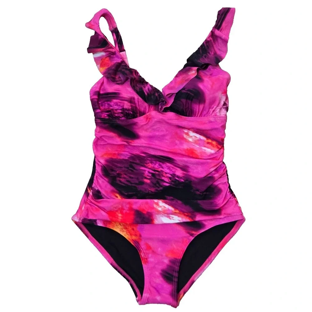 DKNY Ruffle Plunge Tummy Control 1 Piece Swimsuit Womens S Fushia/BlacK NWT - Picture 3 of 13
